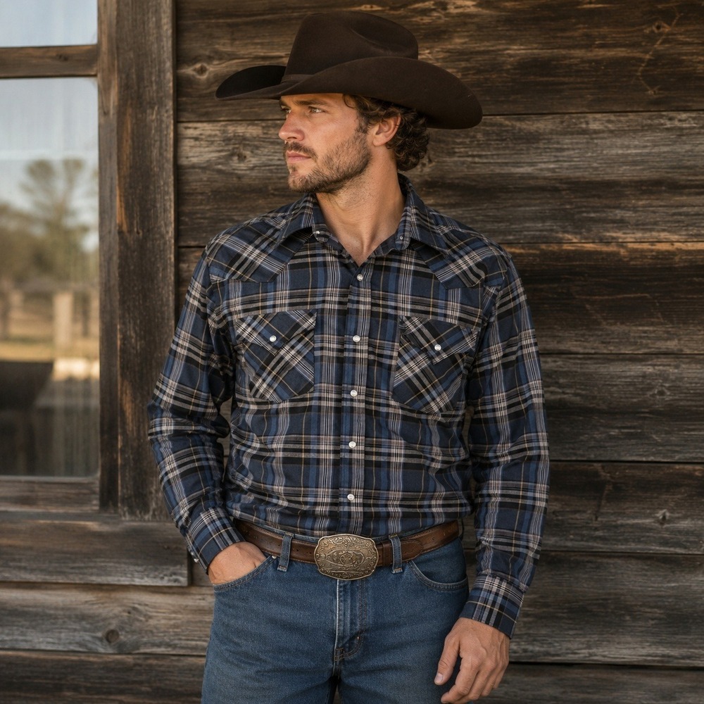 Ely Cattleman Pearl Snap Western Plaid Shirt Blue Black Men's Medium Cowboy